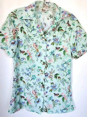 VTG 70s DIAROB Botanical Floral Bird Butterfly Shirt Women's Sz S Retro